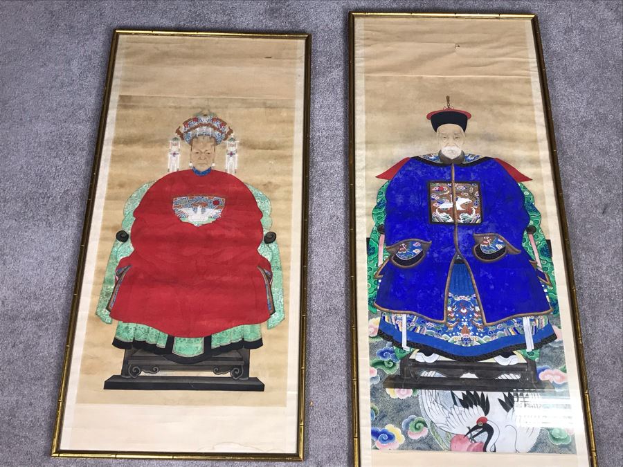 Pair Of Framed Antique Original Chinese Ancestor Scrolls Paintings Ancestral Portraits Man Is 30' X 50' [Photo 2]