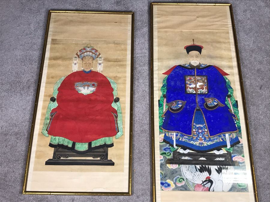 Pair Of Framed Antique Original Chinese Ancestor Scrolls Paintings Ancestral Portraits Man Is 30' X 50' [Photo 1]