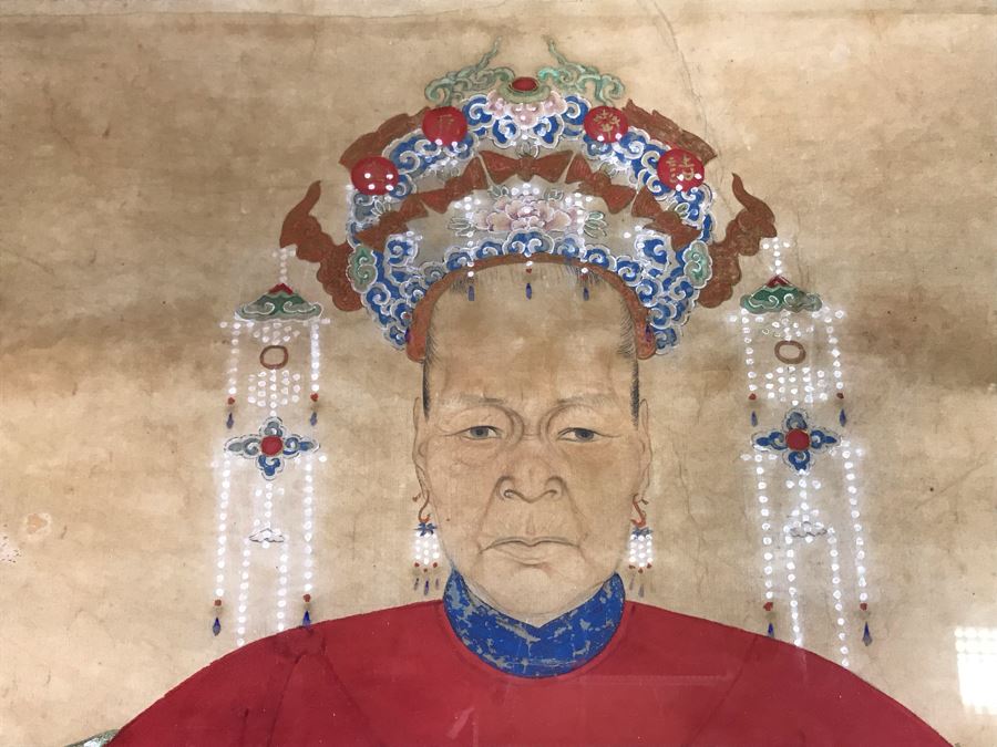 Pair Of Framed Antique Original Chinese Ancestor Scrolls Paintings Ancestral Portraits Man Is 30' X 50' [Photo 38]