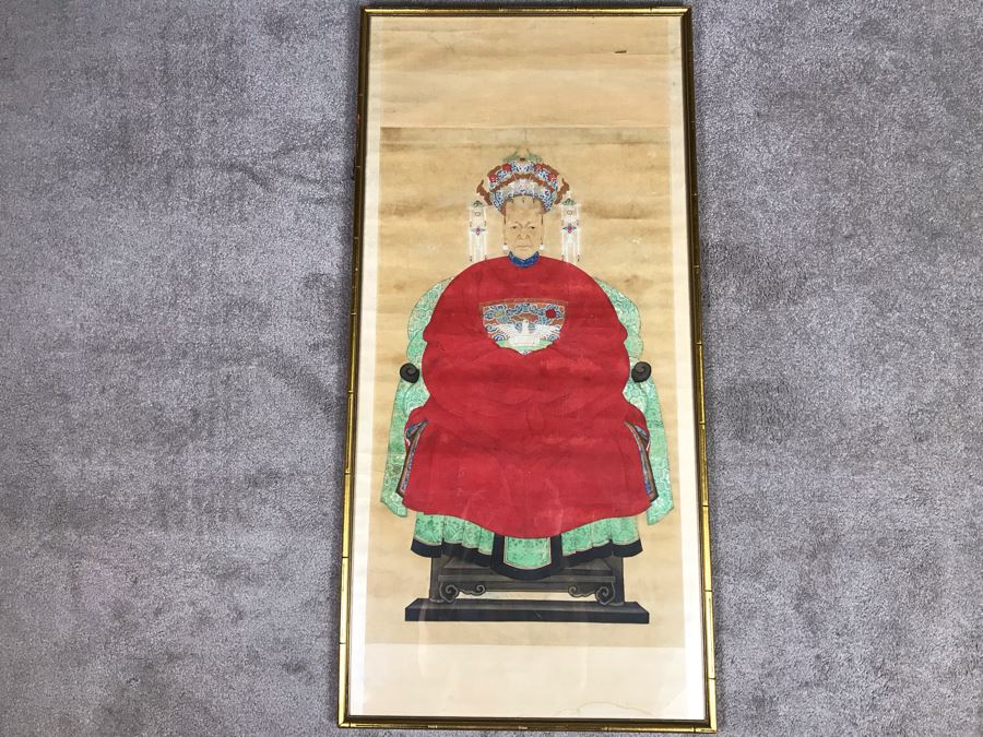 Pair Of Framed Antique Original Chinese Ancestor Scrolls Paintings Ancestral Portraits Man Is 30' X 50' [Photo 29]