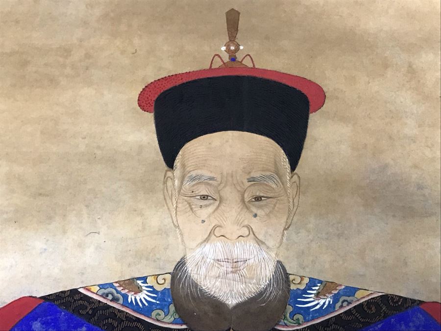 Pair Of Framed Antique Original Chinese Ancestor Scrolls Paintings Ancestral Portraits Man Is 30' X 50' [Photo 9]