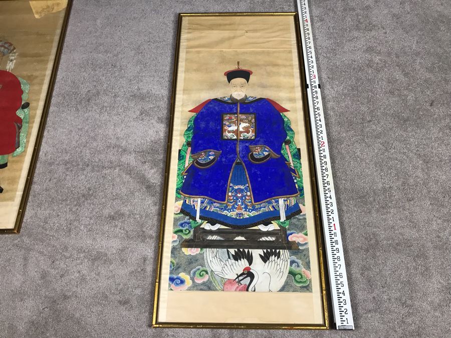 Pair Of Framed Antique Original Chinese Ancestor Scrolls Paintings Ancestral Portraits Man Is 30' X 50' [Photo 25]