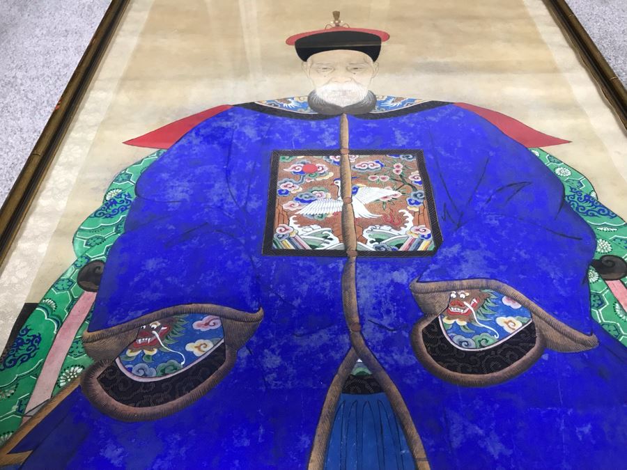 Pair Of Framed Antique Original Chinese Ancestor Scrolls Paintings Ancestral Portraits Man Is 30' X 50' [Photo 15]