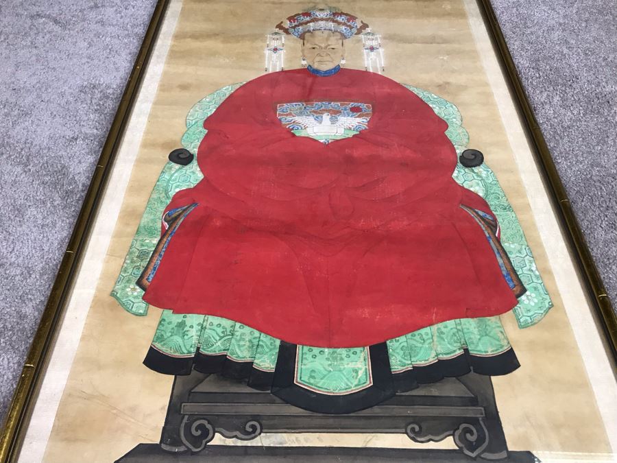 Pair Of Framed Antique Original Chinese Ancestor Scrolls Paintings Ancestral Portraits Man Is 30' X 50' [Photo 41]