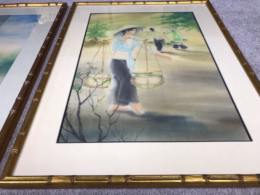 Pair Of Original Asian Paintings In Gilded Wooden Bamboo Motif Frames 22' X 30' [Photo 18]