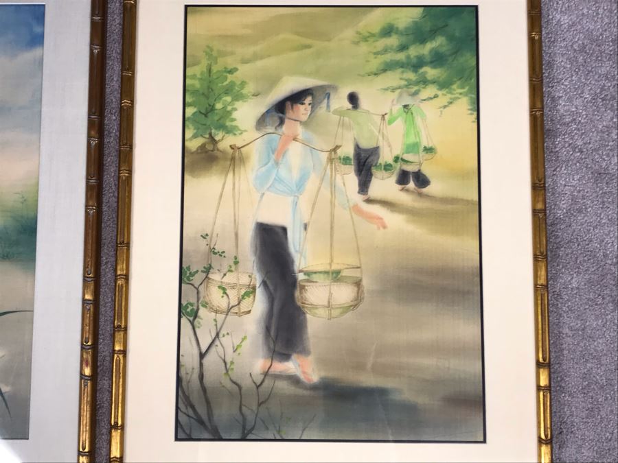 Pair Of Original Asian Paintings In Gilded Wooden Bamboo Motif Frames 22' X 30' [Photo 9]