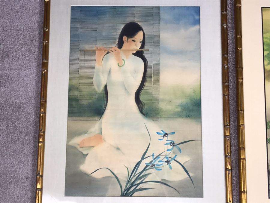 Pair Of Original Asian Paintings In Gilded Wooden Bamboo Motif Frames 22' X 30' [Photo 3]