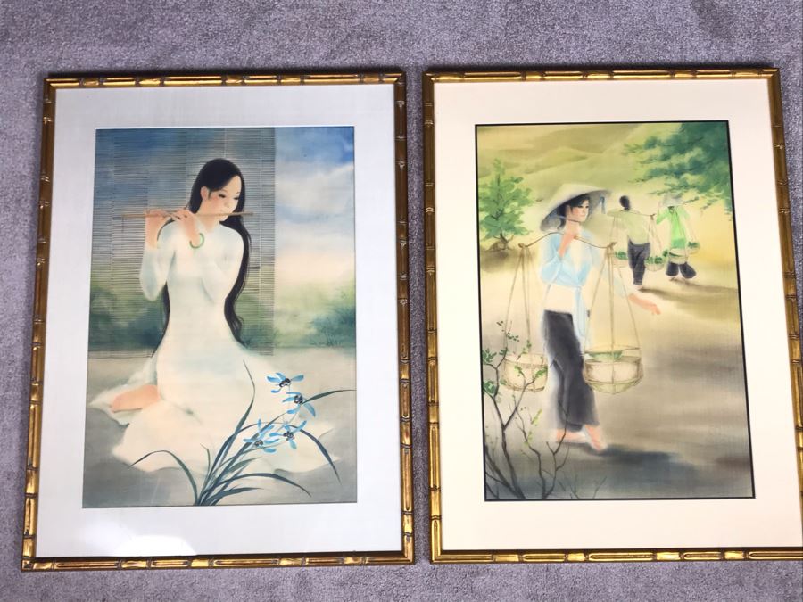 Pair Of Original Asian Paintings In Gilded Wooden Bamboo Motif Frames 22' X 30' [Photo 1]