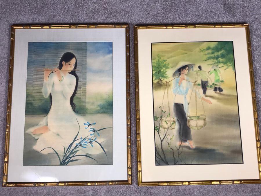 Pair Of Original Asian Paintings In Gilded Wooden Bamboo Motif Frames 22' X 30' [Photo 2]