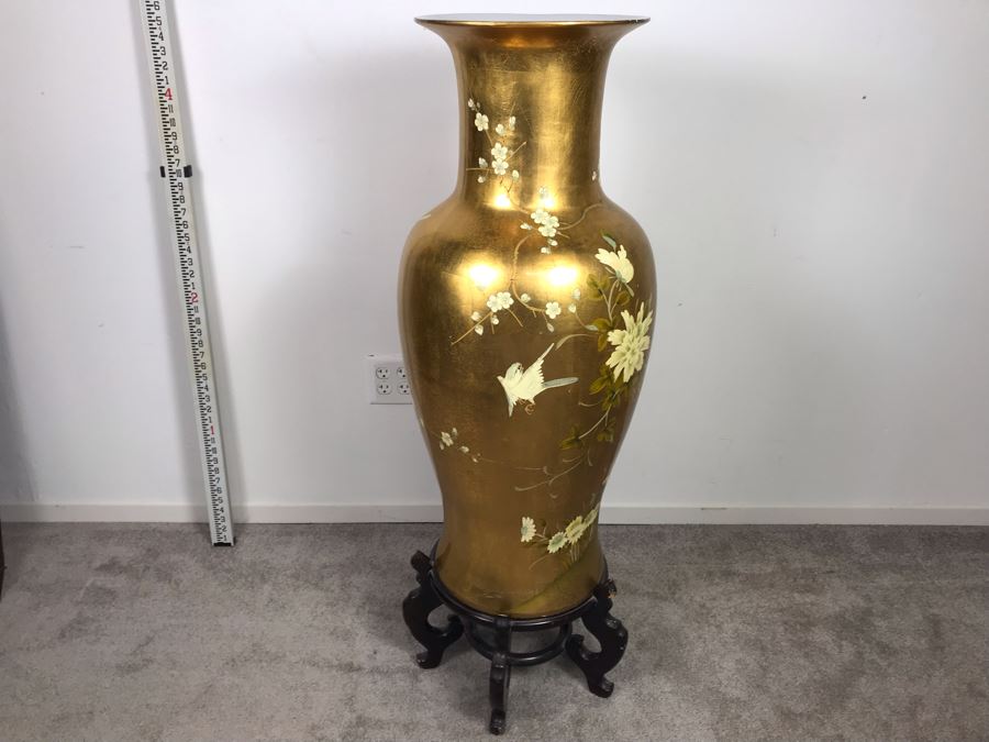 Large Chinese Vase Decorated With Birds And Flowers And Wooden Stand 4'6'H [Photo 12]