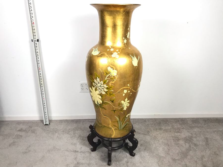Large Chinese Vase Decorated With Birds And Flowers And Wooden Stand 4'6'H [Photo 1]