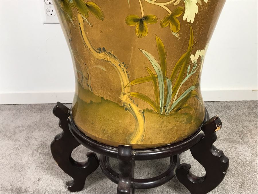 Large Chinese Vase Decorated With Birds And Flowers And Wooden Stand 4'6'H [Photo 9]