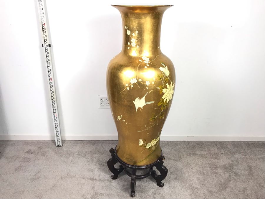 Large Chinese Vase Decorated With Birds And Flowers And Wooden Stand 4'6'H [Photo 13]