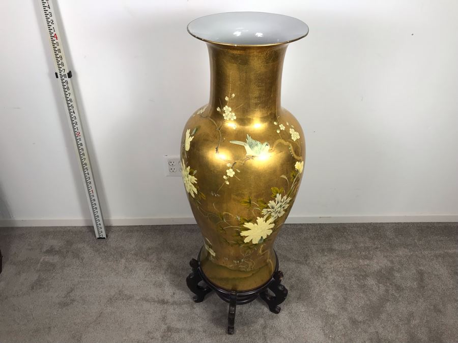 Large Chinese Vase Decorated With Birds And Flowers And Wooden Stand 4'6'H [Photo 4]
