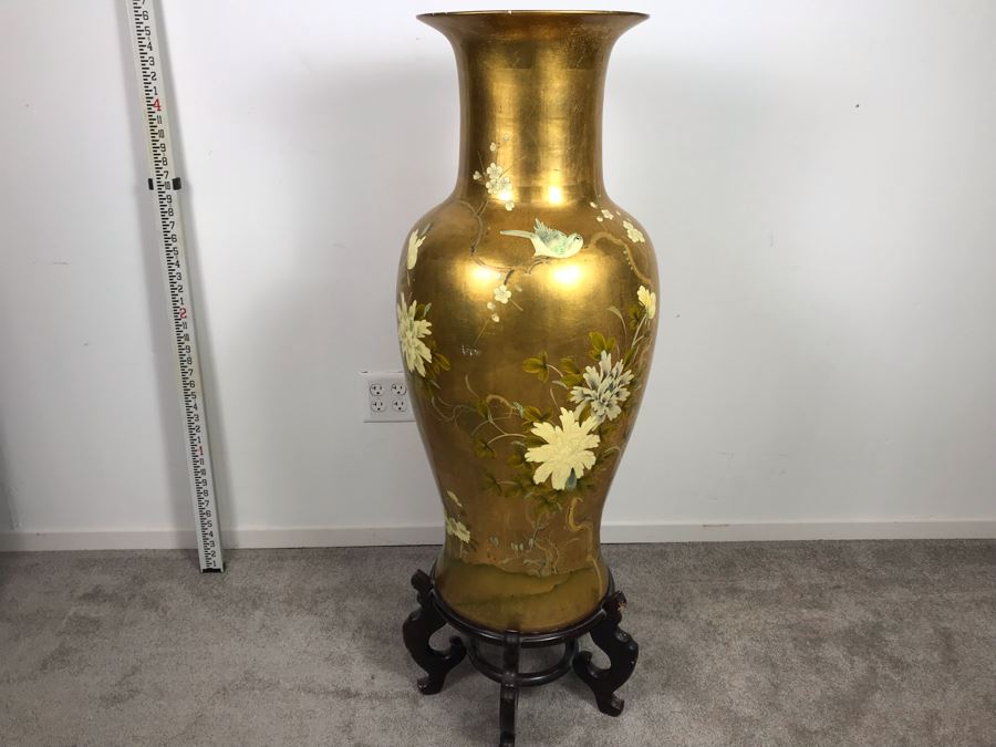 Large Chinese Vase Decorated With Birds And Flowers And Wooden Stand 4'6'H [Photo 2]