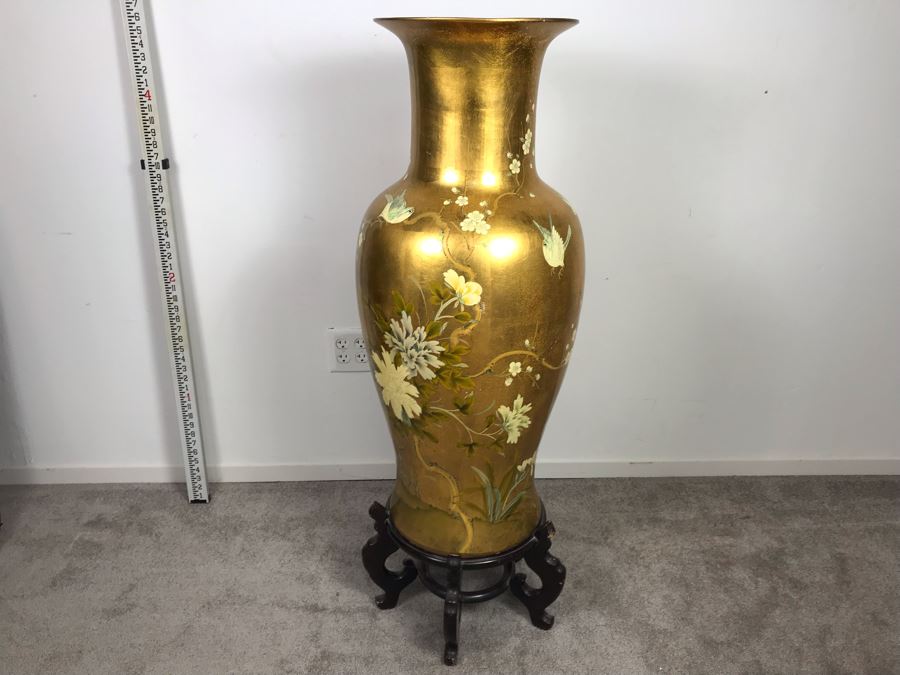 Large Chinese Vase Decorated With Birds And Flowers And Wooden Stand 4'6'H [Photo 5]