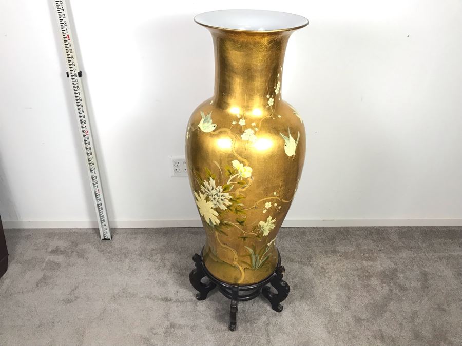 Large Chinese Vase Decorated With Birds And Flowers And Wooden Stand 4'6'H [Photo 6]