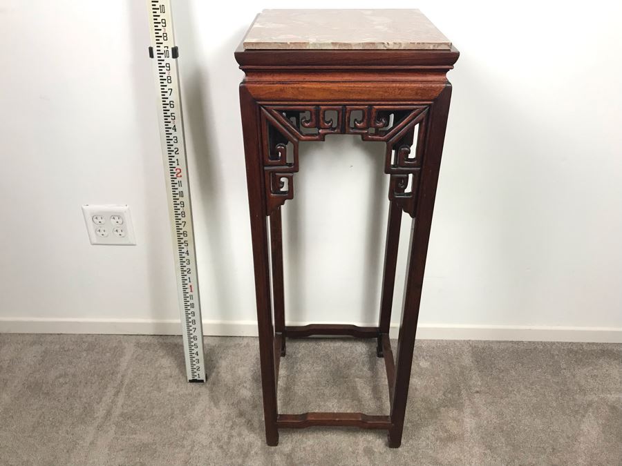 Chinese Rosewood Stand Side Table With Marble Top 37'H