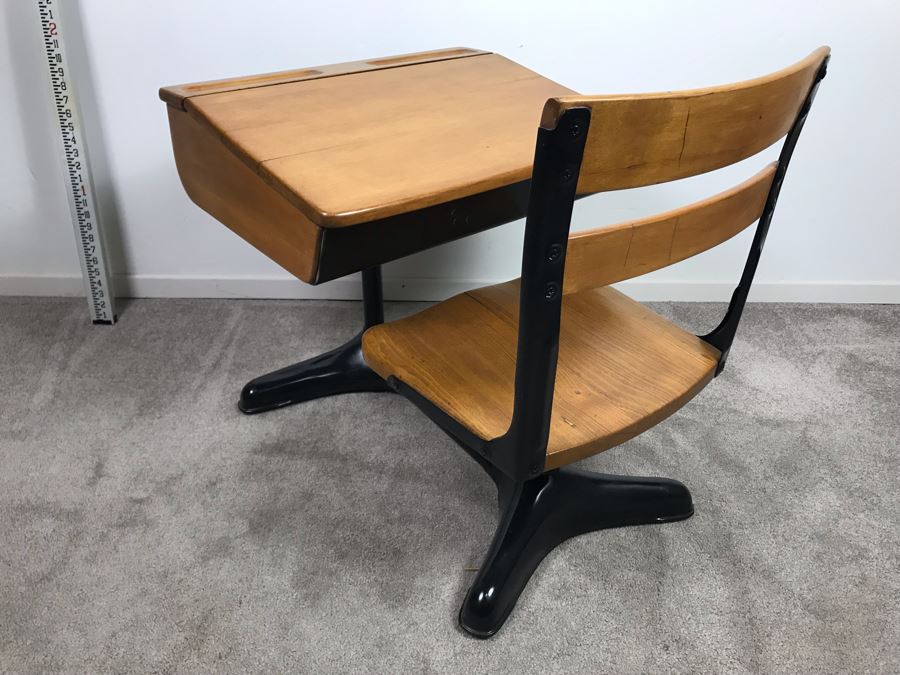 Vintage Children's School Desk Wood And Steel [Photo 10]