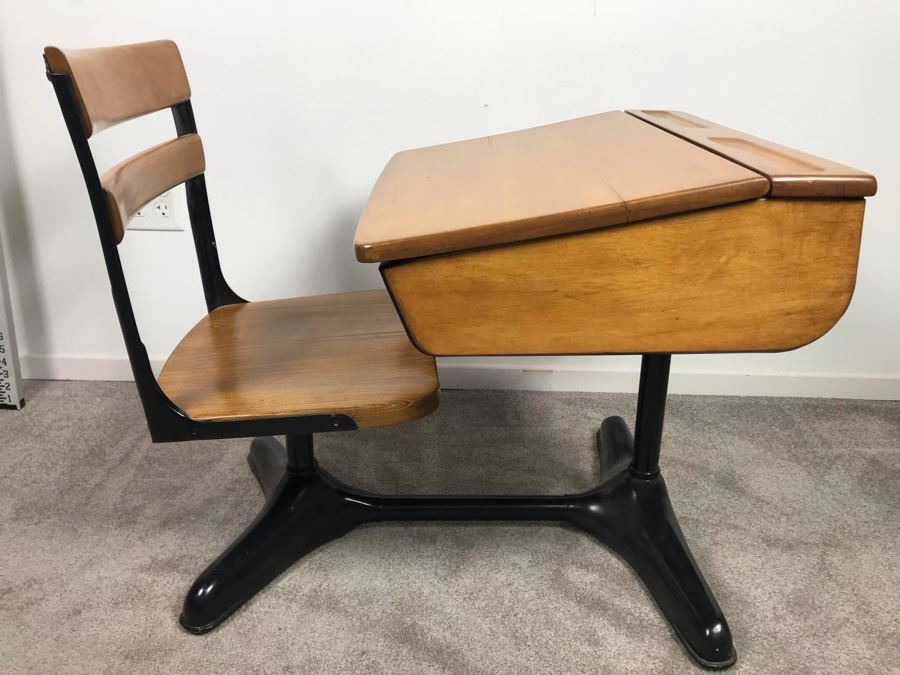 Vintage Children's School Desk Wood And Steel [Photo 14]