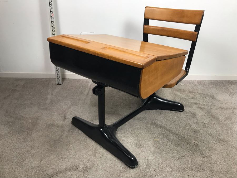 Vintage Children's School Desk Wood And Steel [Photo 2]
