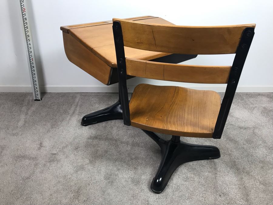 Vintage Children's School Desk Wood And Steel [Photo 8]