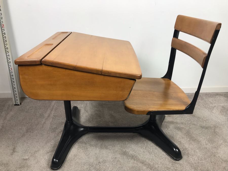 Vintage Children's School Desk Wood And Steel [Photo 3]