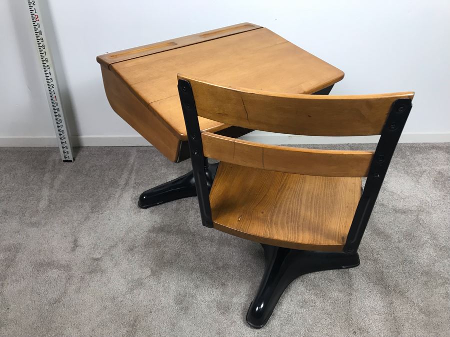 Vintage Children's School Desk Wood And Steel [Photo 9]