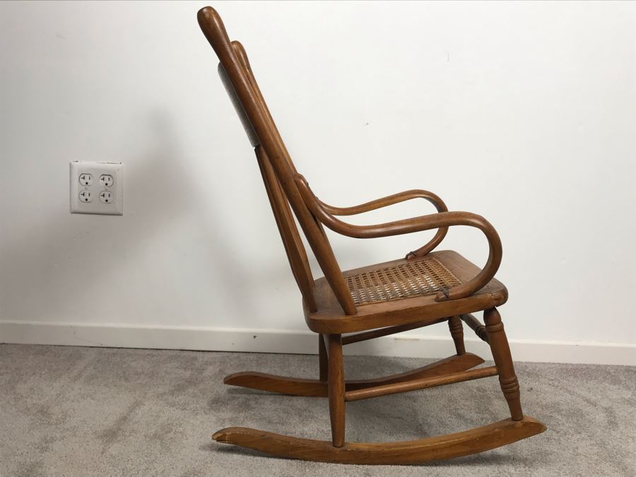 Antique Child's Doll Oak Rocking Chair With Cane Seat