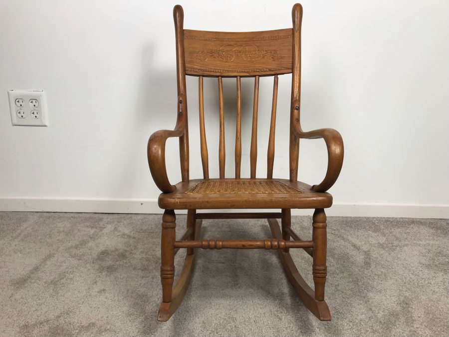 Antique Child's Doll Oak Rocking Chair With Cane Seat [Photo 2]