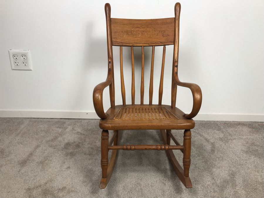 Antique Child's Doll Oak Rocking Chair With Cane Seat [Photo 1]
