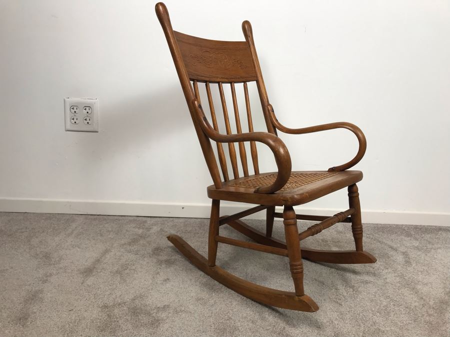 Antique Child's Doll Oak Rocking Chair With Cane Seat [Photo 6]