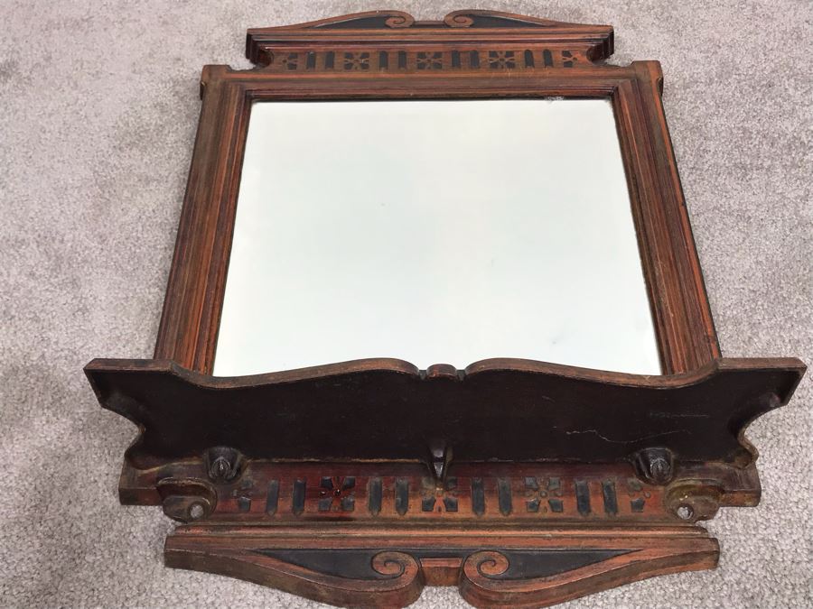 Antique Cast Iron Metal Beveled Glass Mirror With Shelf [Photo 2]