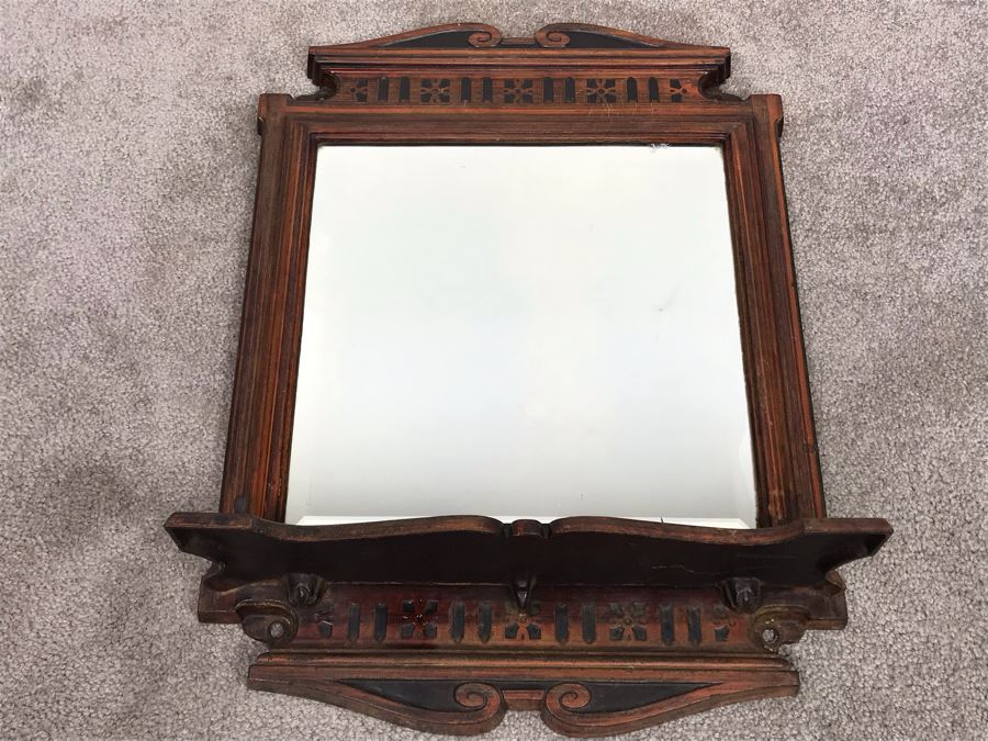 Antique Cast Iron Metal Beveled Glass Mirror With Shelf [Photo 3]