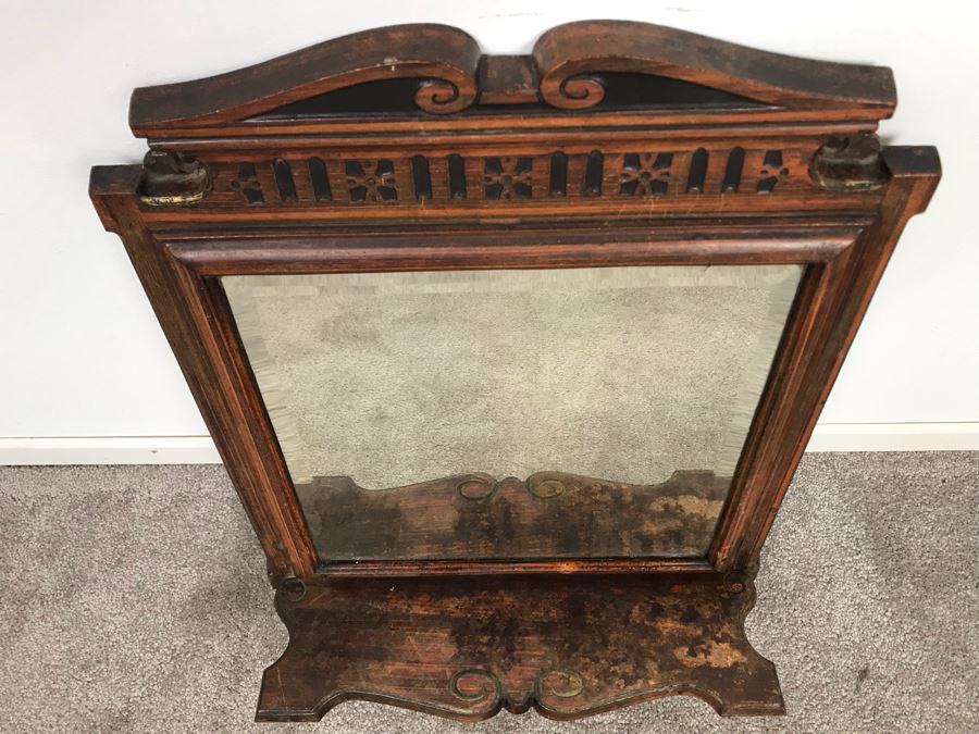 Antique Cast Iron Metal Beveled Glass Mirror With Shelf [Photo 6]