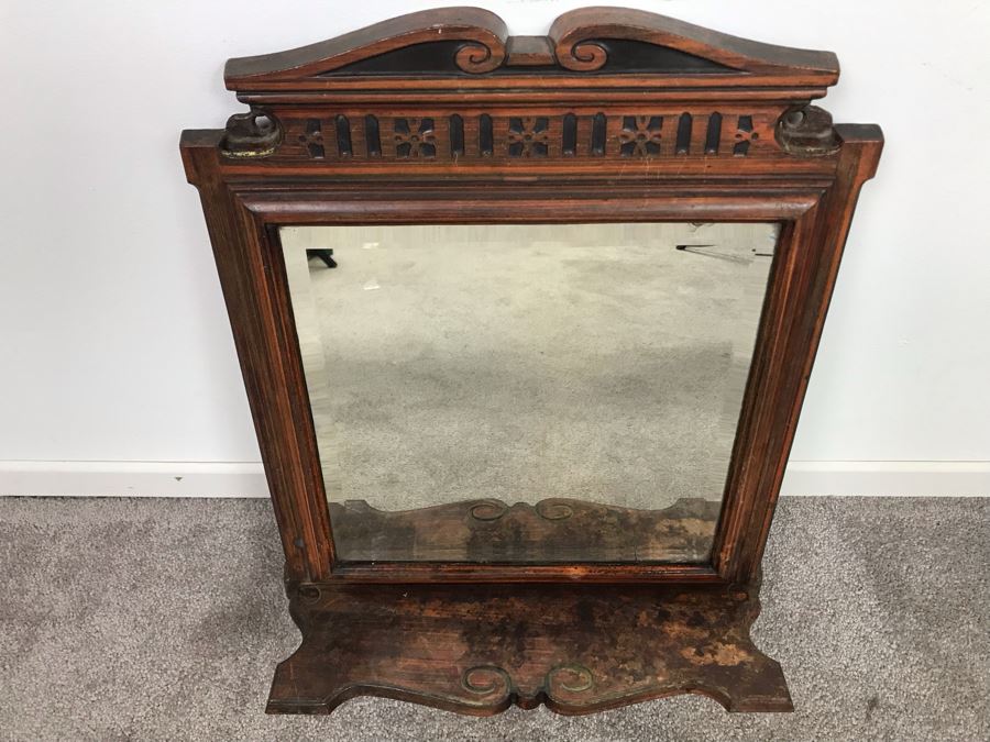 Antique Cast Iron Metal Beveled Glass Mirror With Shelf [Photo 4]
