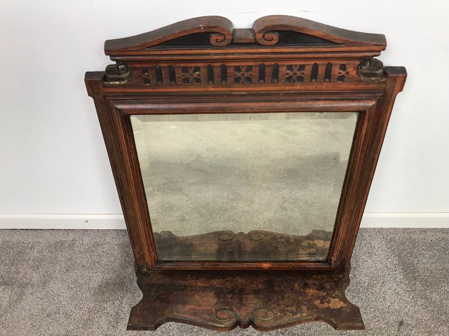 Antique Cast Iron Metal Beveled Glass Mirror With Shelf [Photo 5]