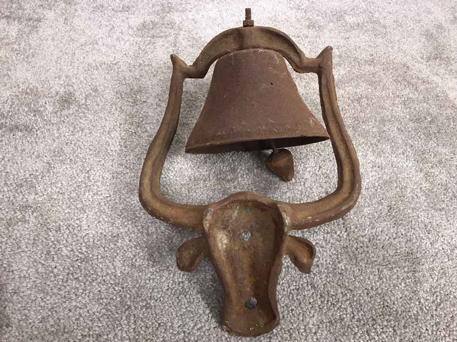 Old Cast Iron Metal Hanging Bell With Cow Decoration Working 12'H X 9'W [Photo 7]