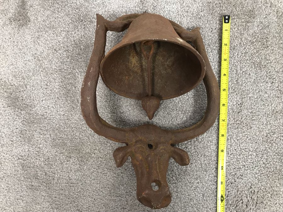 Old Cast Iron Metal Hanging Bell With Cow Decoration Working 12'H X 9'W [Photo 9]