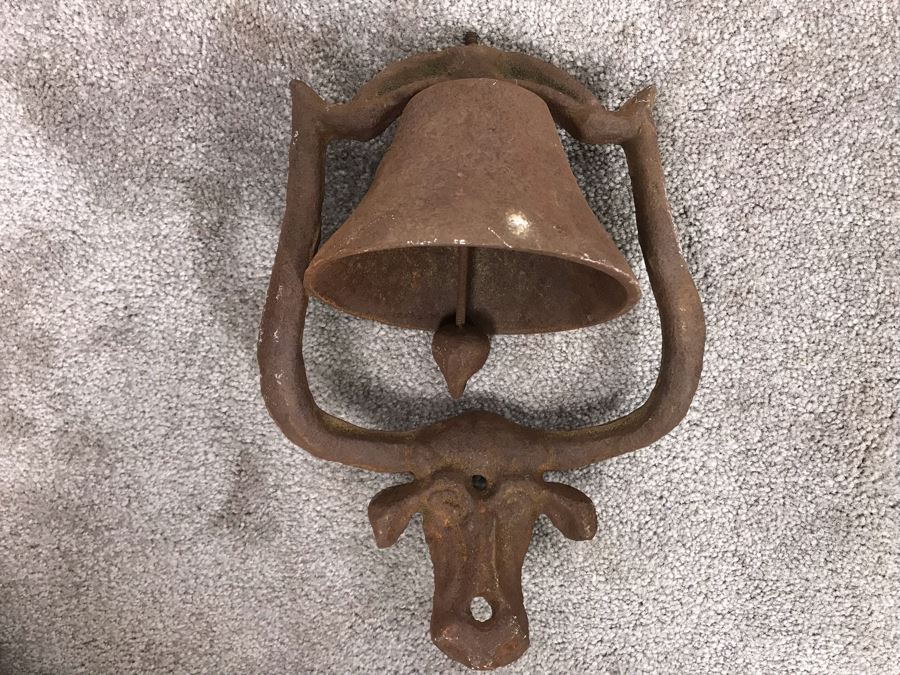 Old Cast Iron Metal Hanging Bell With Cow Decoration Working 12'H X 9'W [Photo 6]