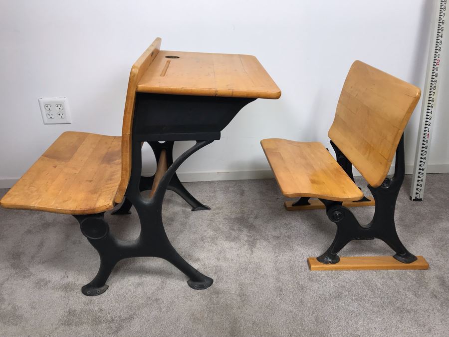 Vintage Children's School Desk Wood And Cast Iron Metal Base [Photo 3]