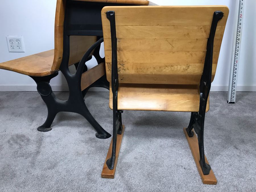 Vintage Children's School Desk Wood And Cast Iron Metal Base [Photo 15]
