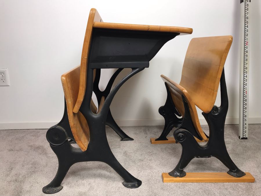 Vintage Children's School Desk Wood And Cast Iron Metal Base [Photo 13]