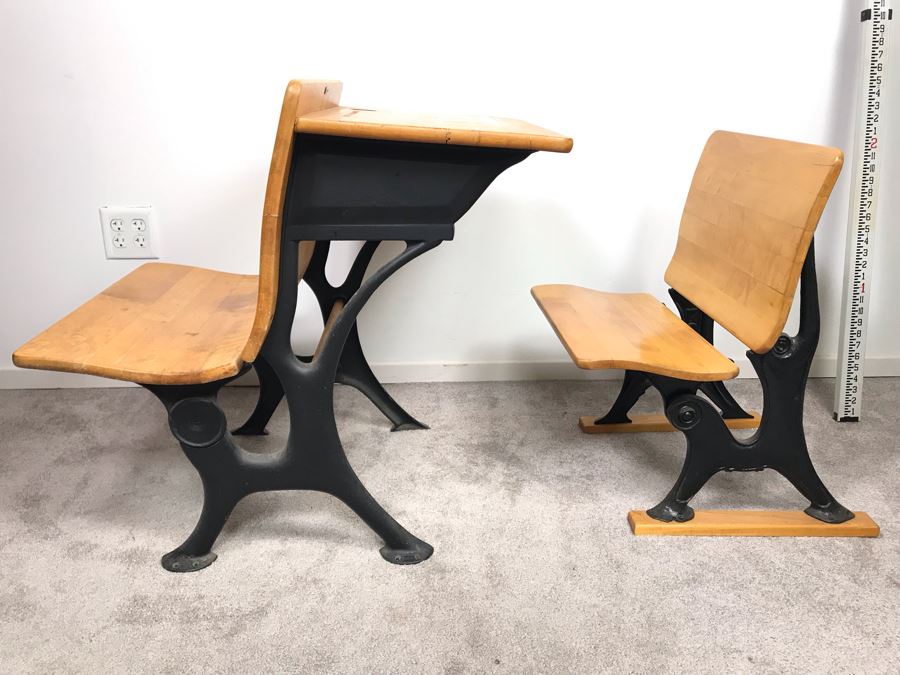 Vintage Children S School Desk Wood And Cast Iron Metal Base School Desk Wood And Cast Iron Metal Base