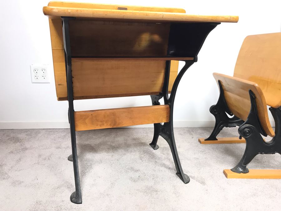 Vintage Children's School Desk Wood And Cast Iron Metal Base [Photo 8]