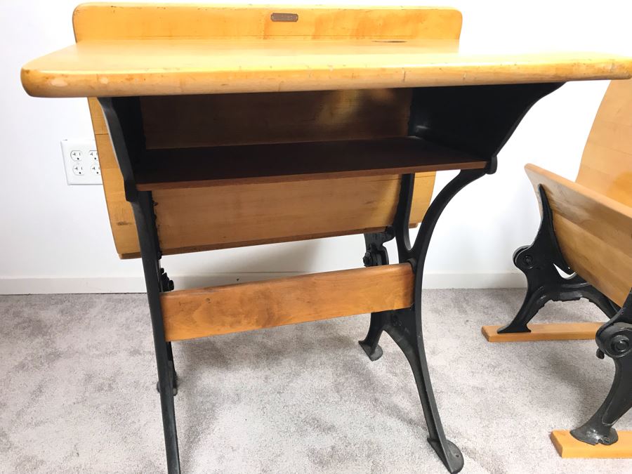 Vintage Children's School Desk Wood And Cast Iron Metal Base [Photo 9]