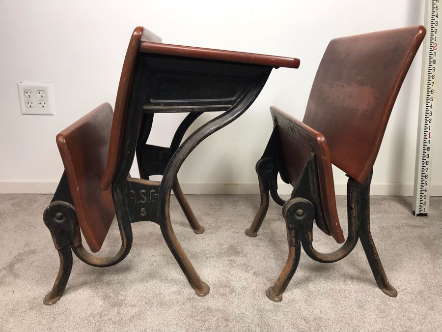 Vintage A. S. Co Children's School Desk Wood And Cast Iron Base [Photo 6]