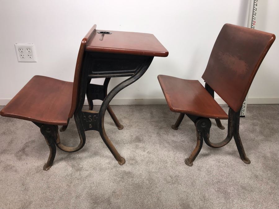 Vintage A. S. Co Children's School Desk Wood And Cast Iron Base [Photo 3]