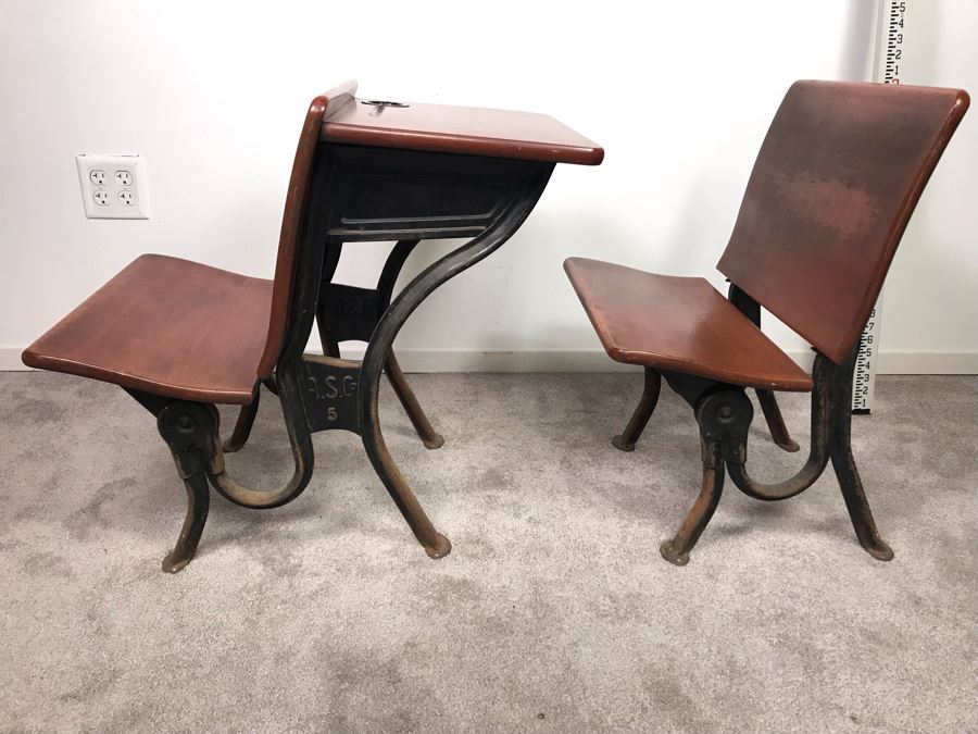 Vintage A. S. Co Children's School Desk Wood And Cast Iron Base [Photo 2]