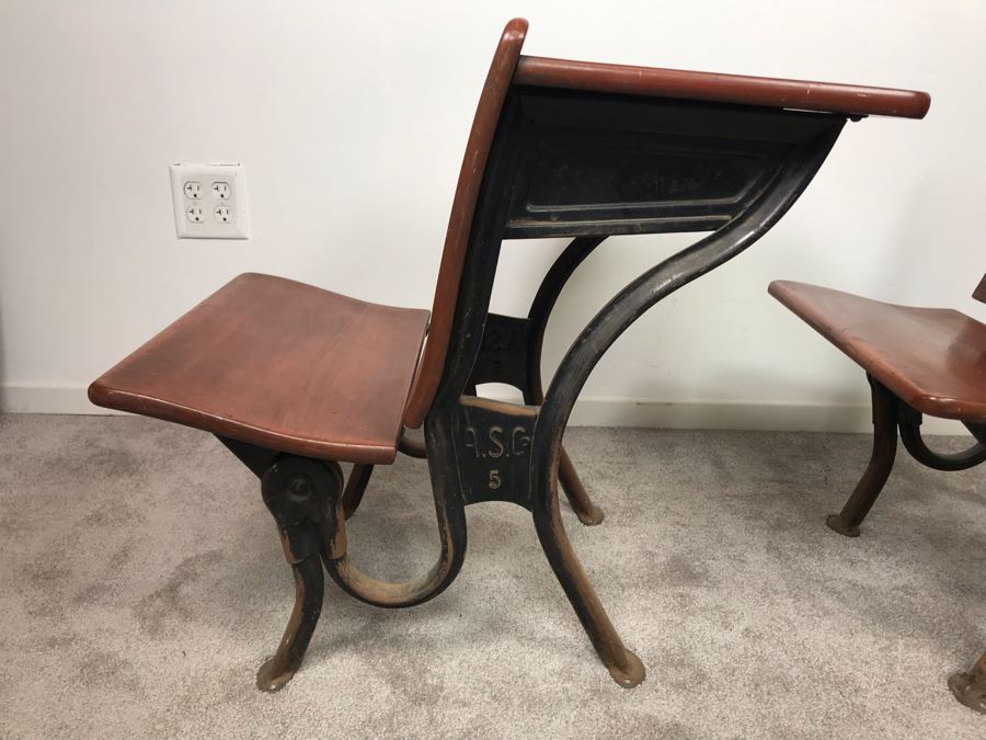 Vintage A. S. Co Children's School Desk Wood And Cast Iron Base [Photo 4]